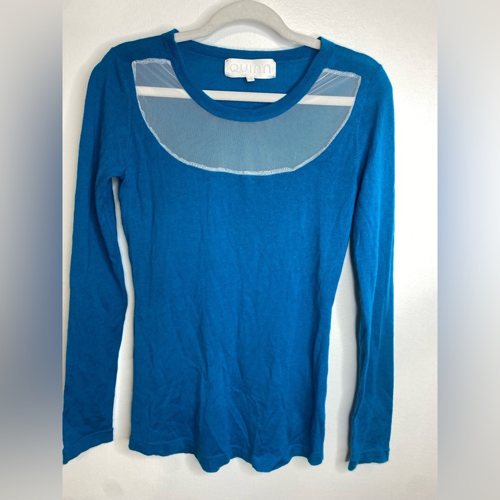 Quinn Teal Mesh Accent Long Sleeve Sweater cashmere/ wool